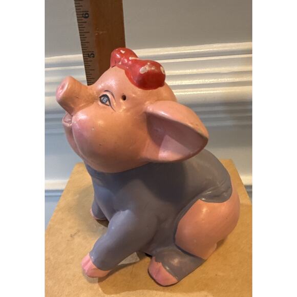 Vintage Piggy Bank Hand Painted Purple Shirt Cute Pig with Stopper Preowned - Picture 7 of 8